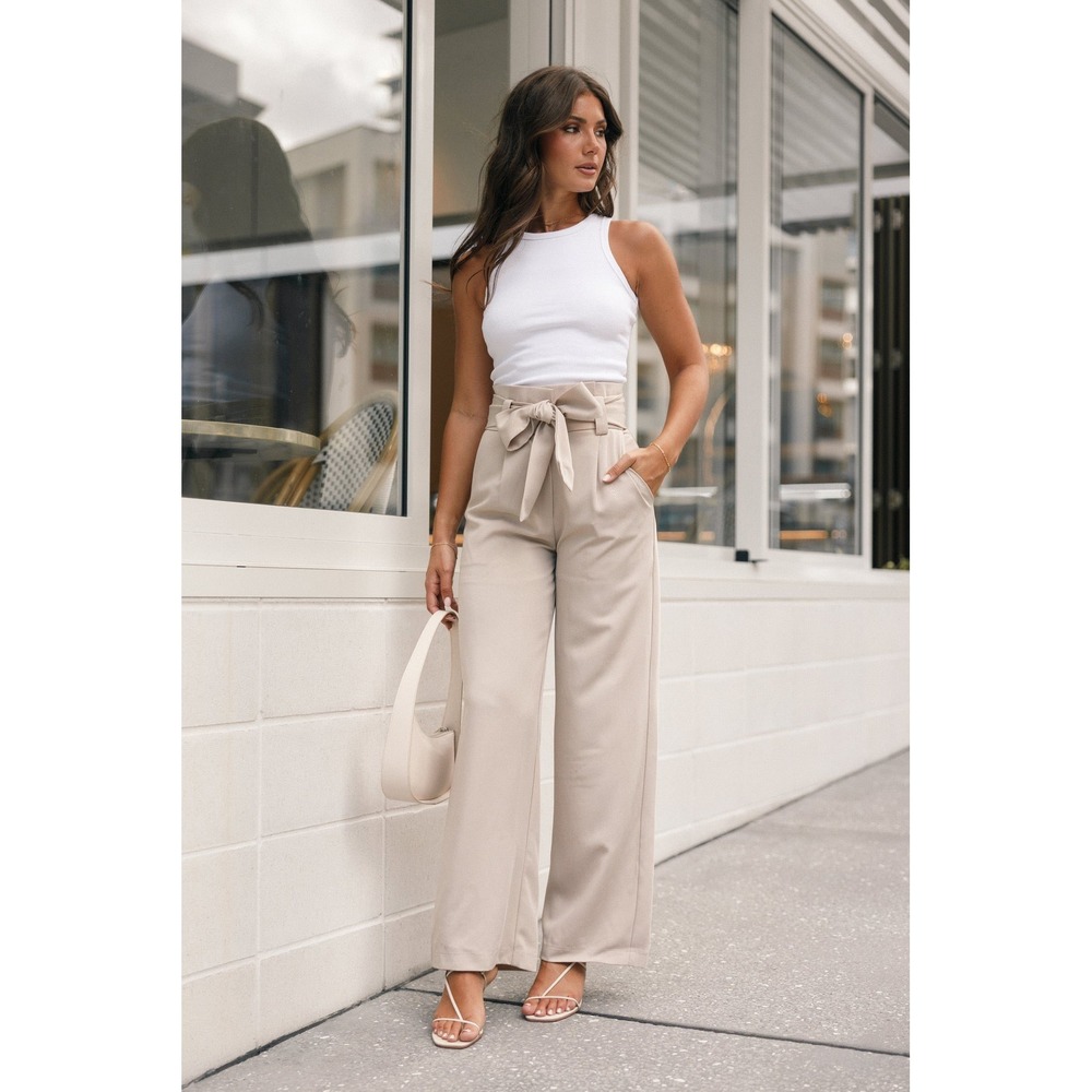Petal & Pup Kieran High Rise Wide Leg Paperbag Trousers Pants Beige Size 16 NWT